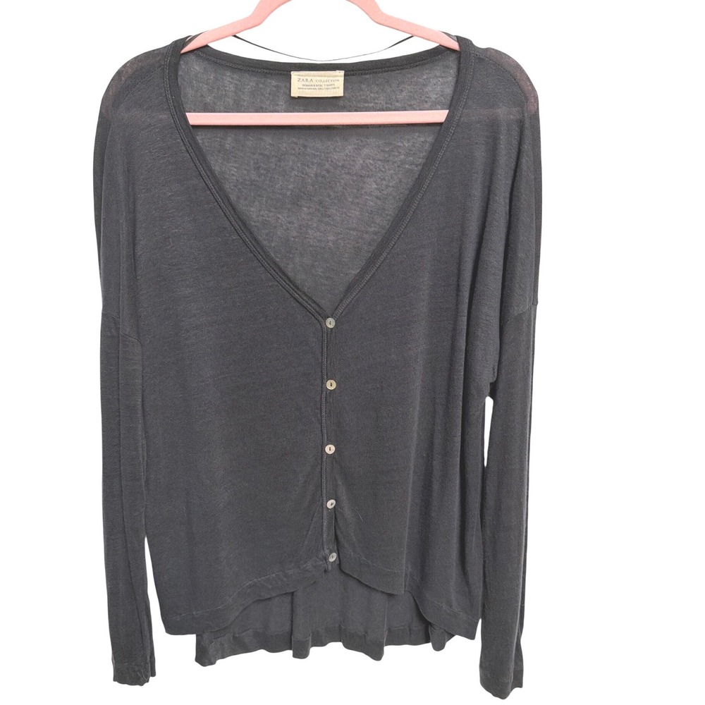 Zara Collection 100% Linen Gray Sheer V-Neck Button Cardigan Small Portugal
